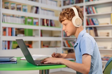 Photo of Student with laptop studying at table in library. Space for text