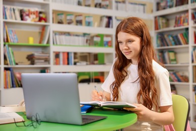 Photo of Student with laptop studying at table in library. Space for text