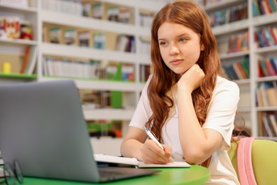 Photo of Student with laptop studying at table in library