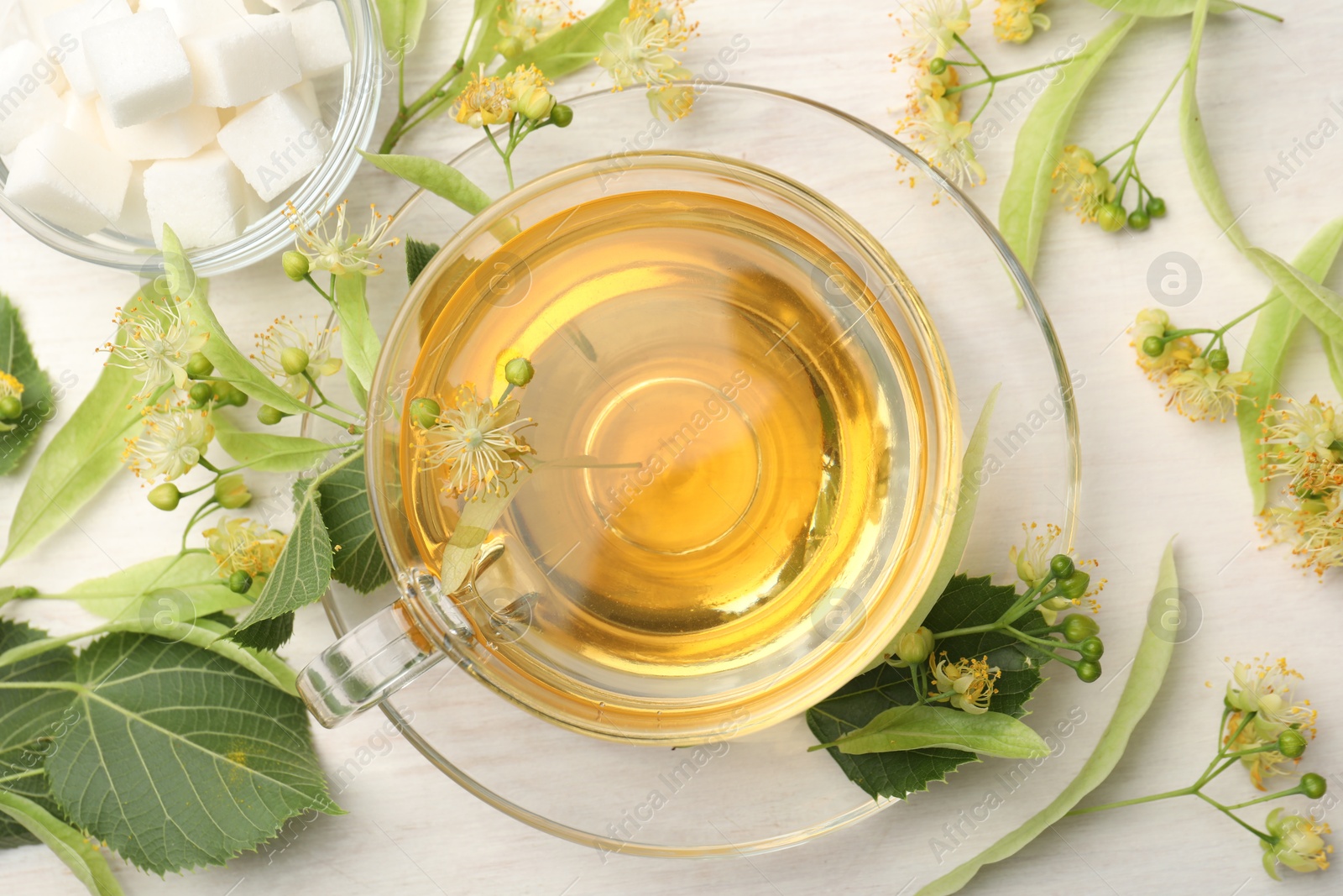 Fresh linden tea in cup, sugar cubes and flowers on white wooden table, flat lay Photo of Fresh linden tea in cup, sugar cubes and flowers on white wooden table, flat lay