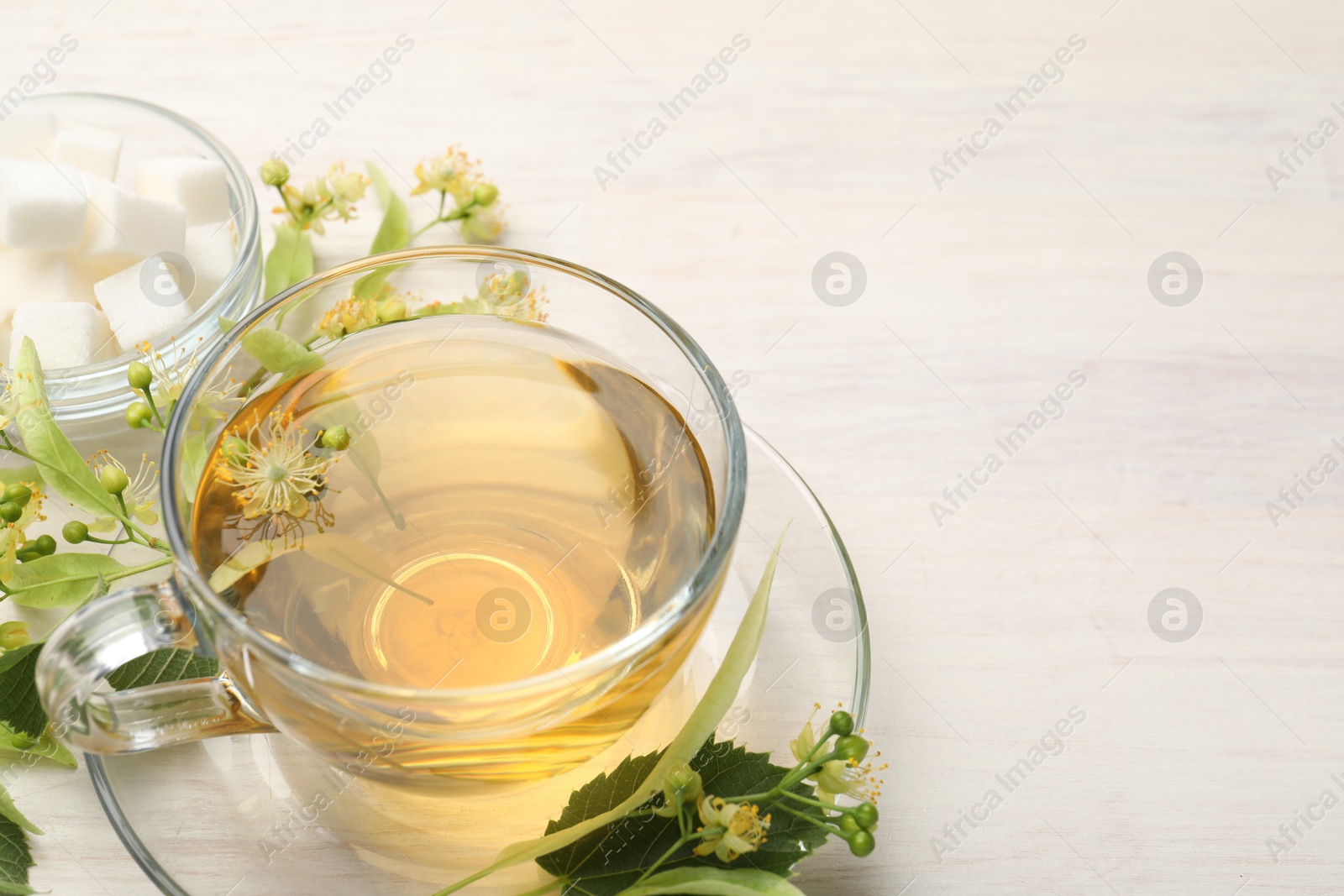 Fresh linden tea in cup, sugar cubes and flowers on white wooden table, closeup. Space for text Photo of Fresh linden tea in cup, sugar cubes and flowers on white wooden table, closeup. Space for text