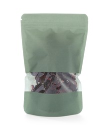 Photo of One zipper stand-up pouch with dry flowers isolated on white. Mockup for design