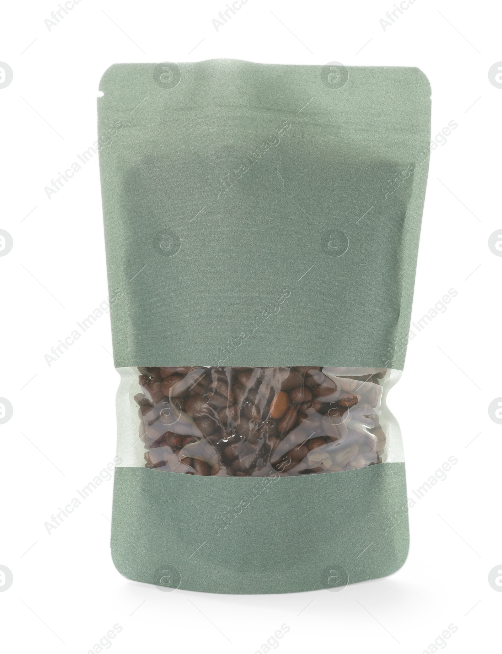 One zipper stand-up pouch with coffee beans isolated on white. Mockup for design Photo of One zipper stand-up pouch with coffee beans isolated on white. Mockup for design
