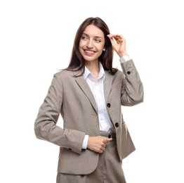 Photo of Happy woman in suit on white background