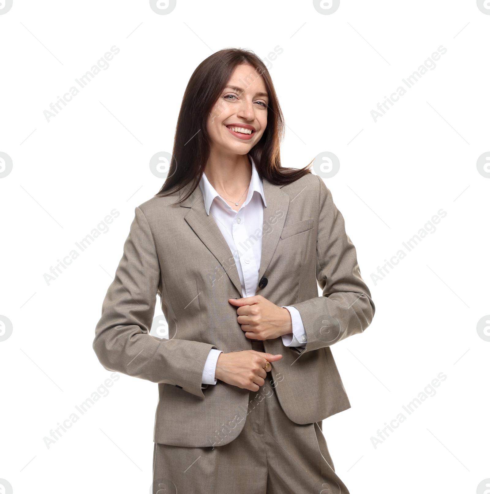 Happy woman in suit on white background Photo of Happy woman in suit on white background