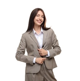 Photo of Happy woman in suit on white background
