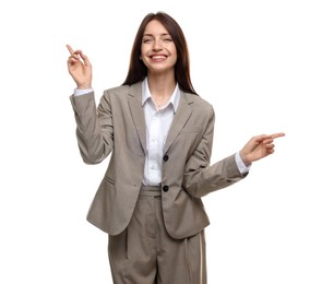 Photo of Happy woman in suit on white background