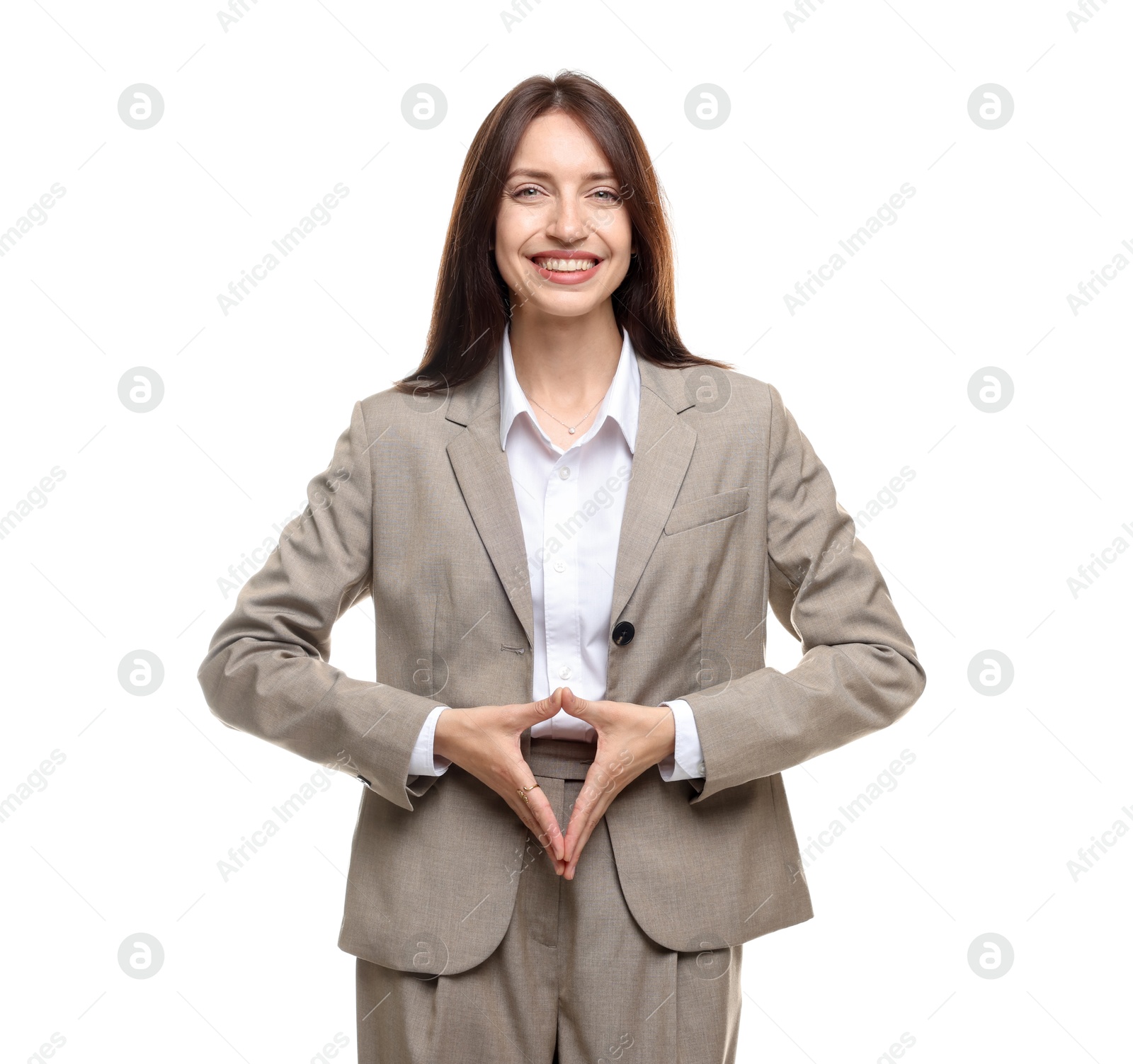 Happy woman in suit on white background Photo of Happy woman in suit on white background