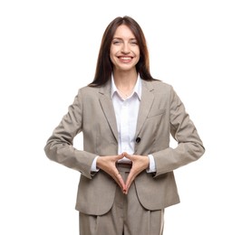 Photo of Happy woman in suit on white background