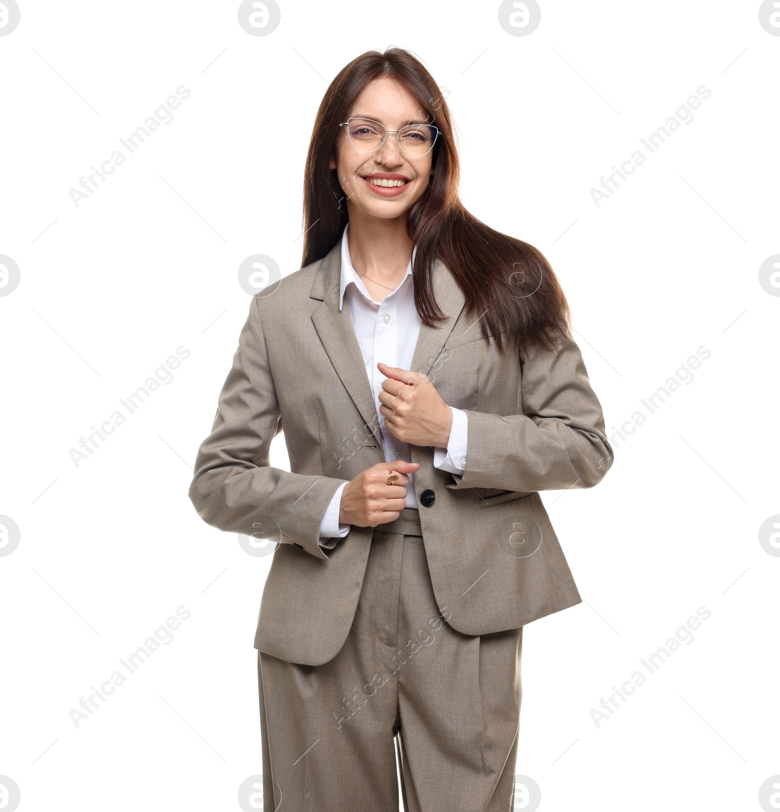Happy woman in suit on white background Photo of Happy woman in suit on white background