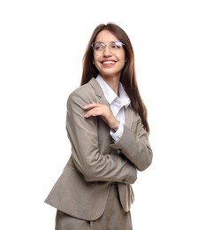 Photo of Happy woman in suit on white background
