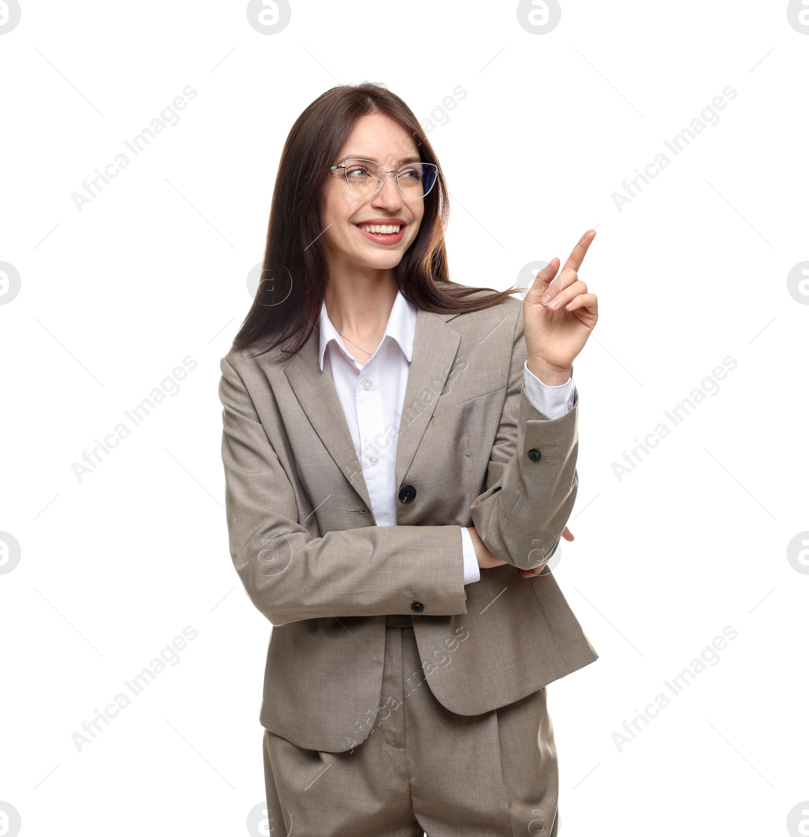 Happy woman in suit on white background Photo of Happy woman in suit on white background