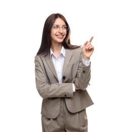 Photo of Happy woman in suit on white background