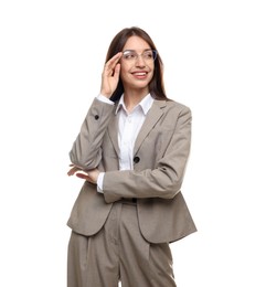 Photo of Happy woman in suit on white background