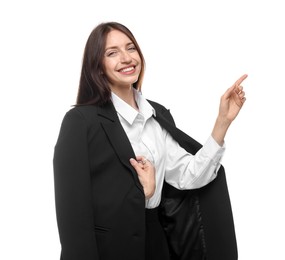 Photo of Happy woman in suit on white background