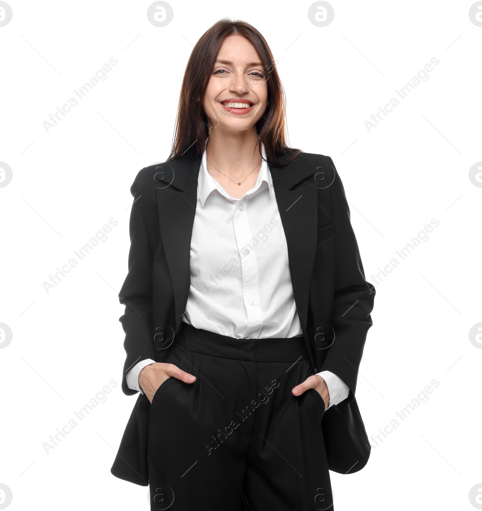 Happy woman in suit on white background Photo of Happy woman in suit on white background