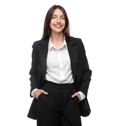 Photo of Happy woman in suit on white background