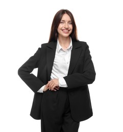 Photo of Happy woman in suit on white background