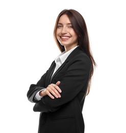 Photo of Happy woman in suit on white background
