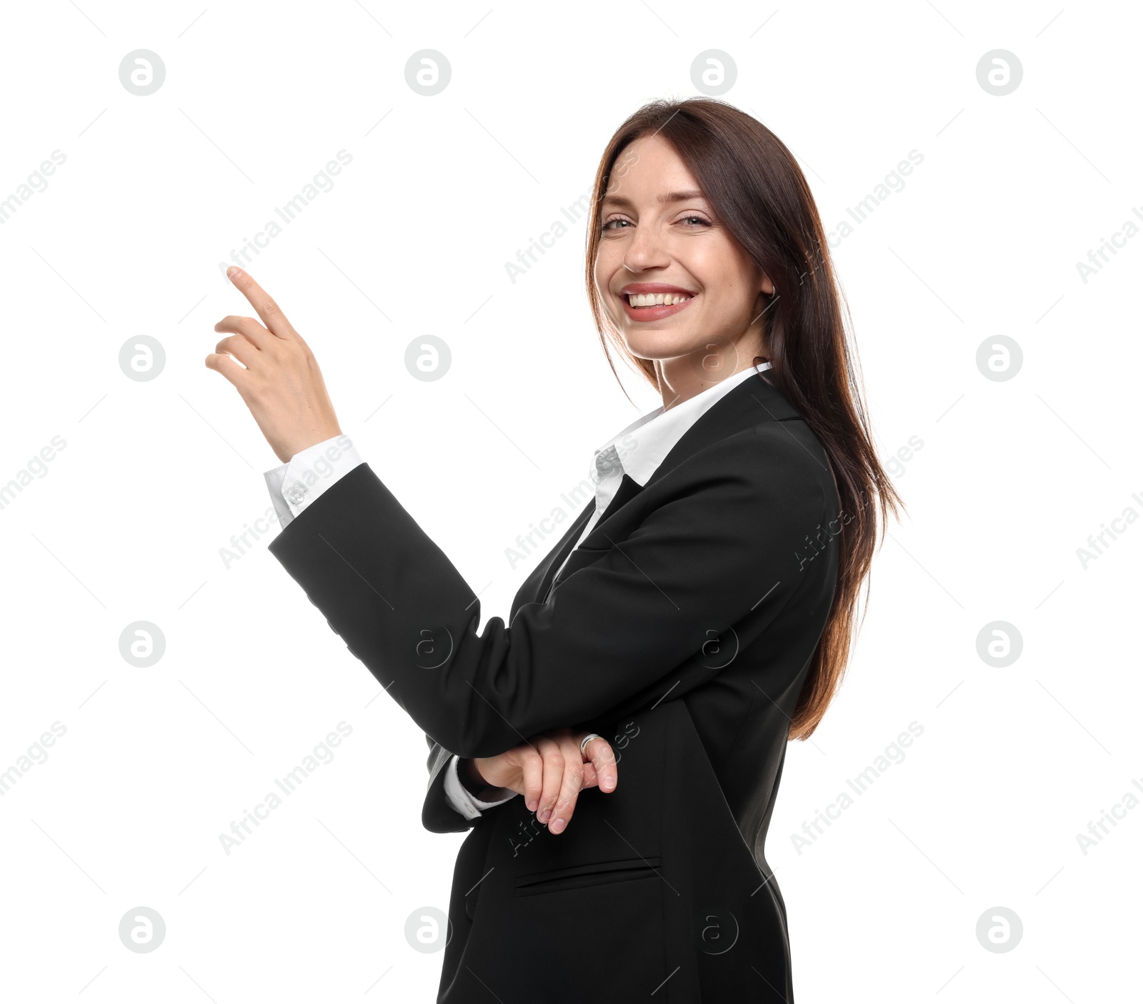 Happy woman in suit on white background Photo of Happy woman in suit on white background