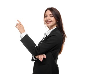 Photo of Happy woman in suit on white background