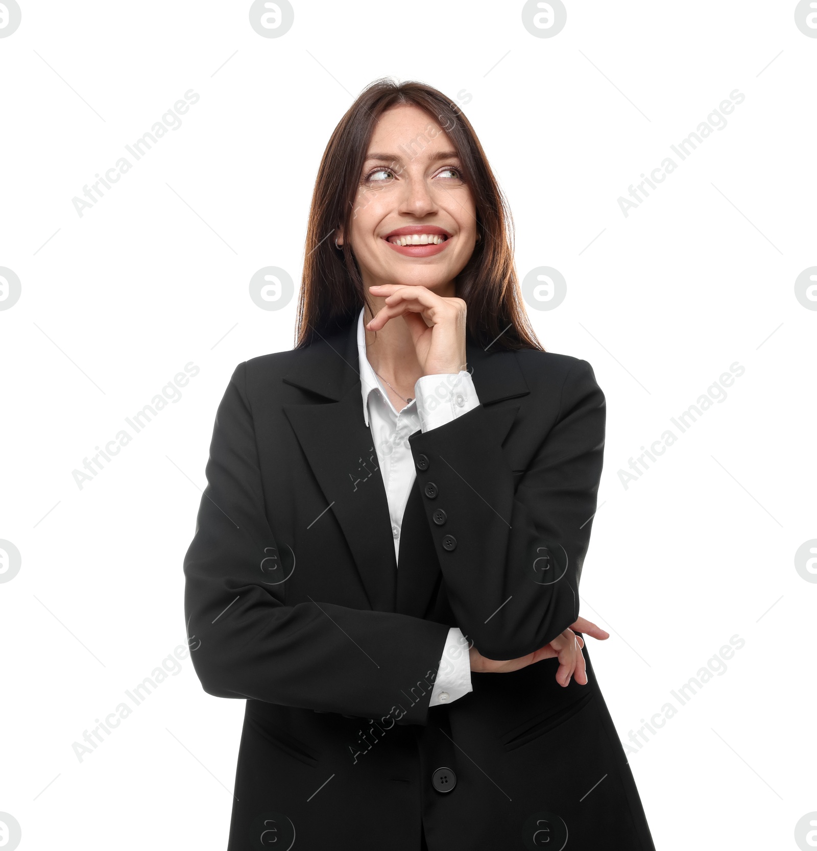 Happy woman in suit on white background Photo of Happy woman in suit on white background