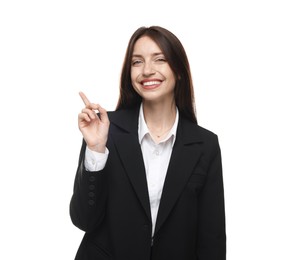 Photo of Happy woman in suit on white background