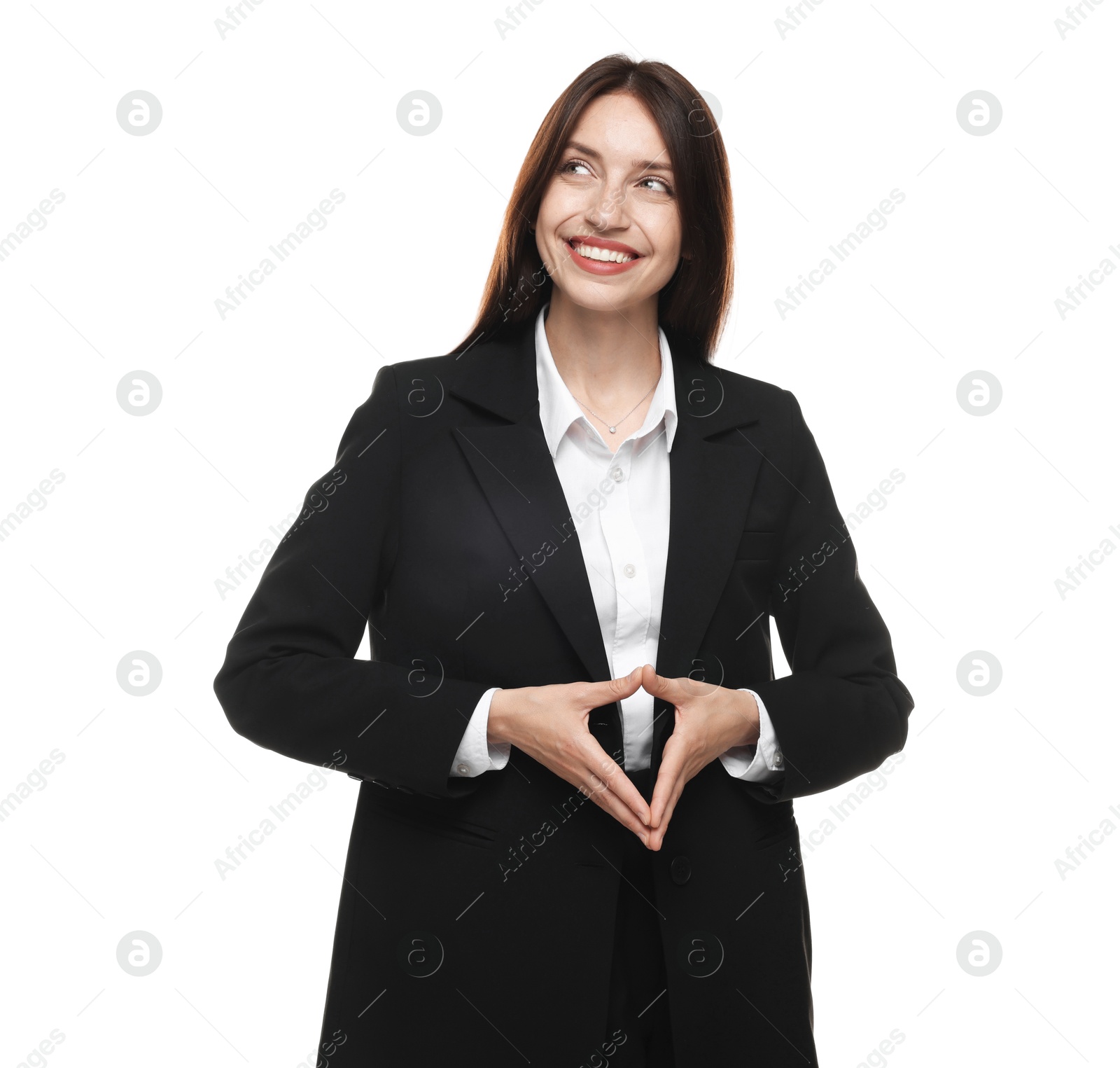 Happy woman in suit on white background Photo of Happy woman in suit on white background