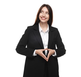 Photo of Happy woman in suit on white background