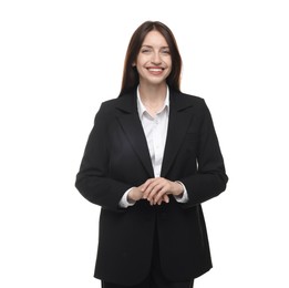 Photo of Happy woman in suit on white background