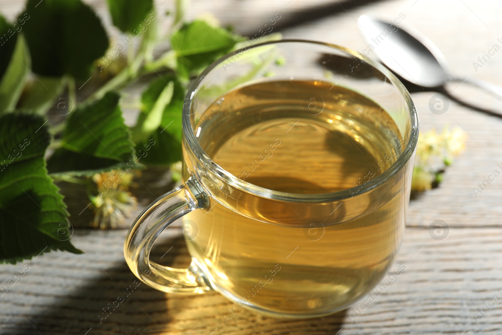 Fresh linden tea in cup and flowers on wooden table, closeup Photo of Fresh linden tea in cup and flowers on wooden table, closeup