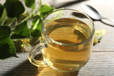 Photo of Fresh linden tea in cup and flowers on wooden table, closeup