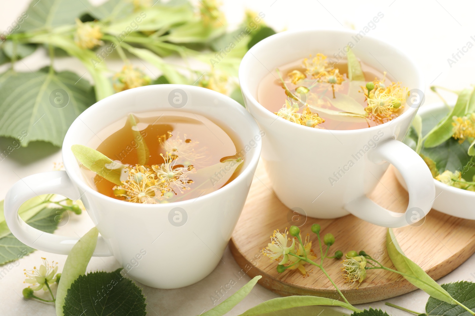 Fresh linden tea in cups and flowers on white table, closeup Photo of Fresh linden tea in cups and flowers on white table, closeup