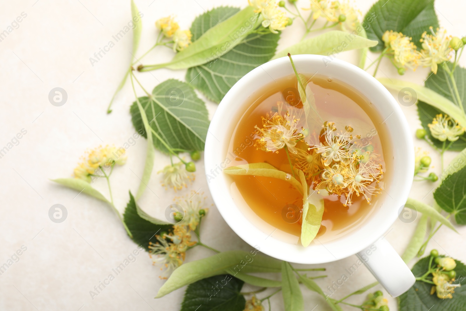 Fresh linden tea in cup and flowers on white table, flat lay Photo of Fresh linden tea in cup and flowers on white table, flat lay