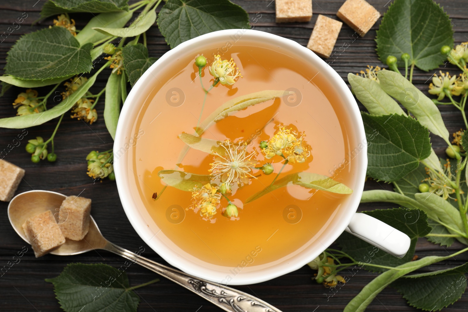 Fresh linden tea in cup, sugar cubes and flowers on dark wooden table, flat lay Photo of Fresh linden tea in cup, sugar cubes and flowers on dark wooden table, flat lay