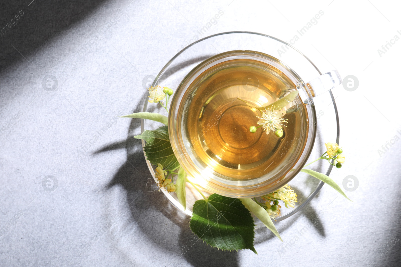 Fresh linden tea in cup and flowers on light grey table, top view Photo of Fresh linden tea in cup and flowers on light grey table, top view