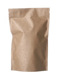 Photo of One zipper stand-up pouch isolated on white. Mockup for design