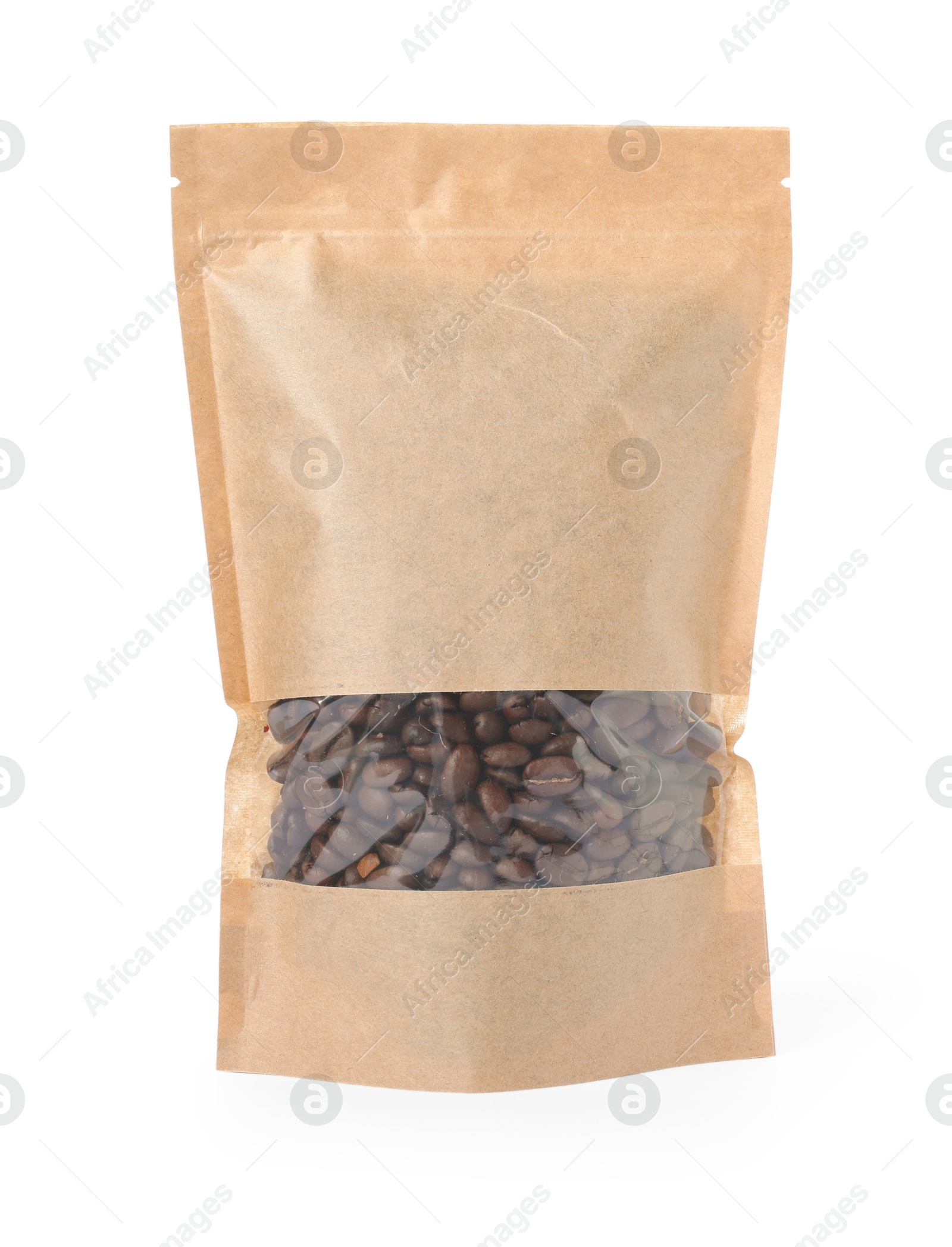 One zipper stand-up pouch with coffee beans isolated on white. Mockup for design Photo of One zipper stand-up pouch with coffee beans isolated on white. Mockup for design