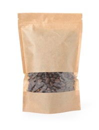 Photo of One zipper stand-up pouch with coffee beans isolated on white. Mockup for design