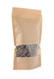 Photo of One zipper stand-up pouch with coffee beans isolated on white