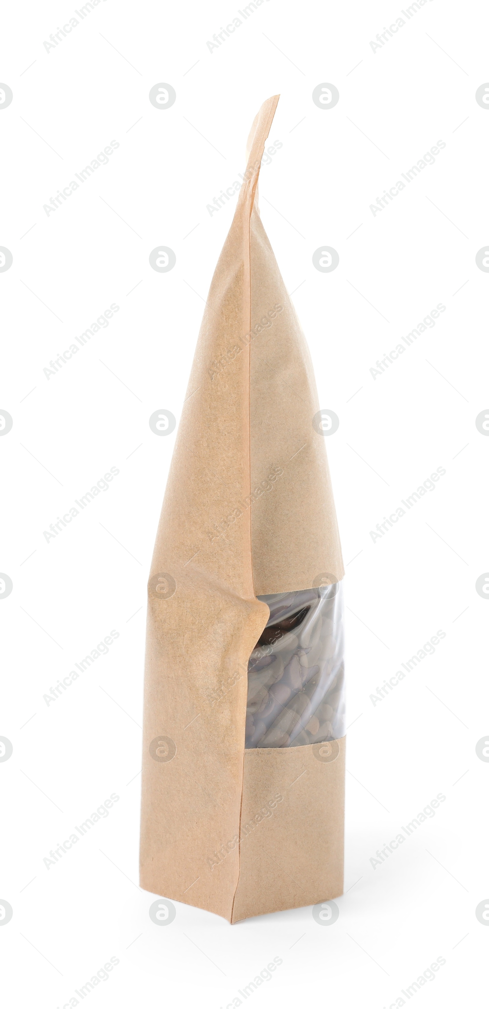 One zipper stand-up pouch with coffee beans isolated on white Photo of One zipper stand-up pouch with coffee beans isolated on white