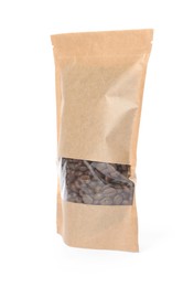 Photo of One zipper stand-up pouch with coffee beans isolated on white. Mockup for design