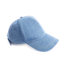 Photo of One denim baseball hat isolated on white