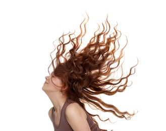 Photo of Teenage girl with healthy wavy hair on white background
