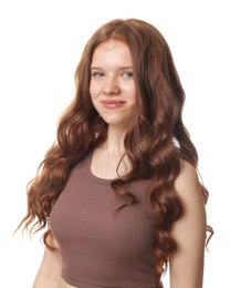 Photo of Portrait of beautiful teenage girl with healthy wavy hair on white background