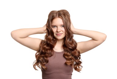 Photo of Portrait of beautiful teenage girl with healthy wavy hair on white background