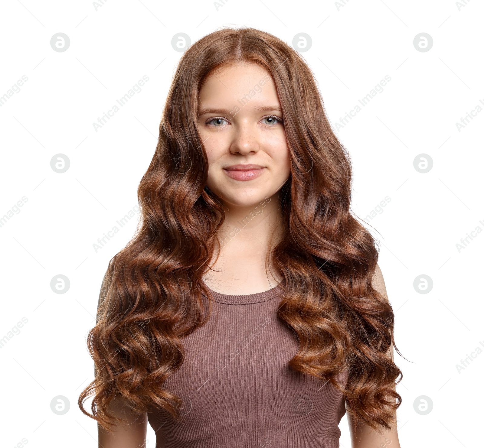Portrait of beautiful teenage girl with healthy wavy hair on white background Photo of Portrait of beautiful teenage girl with healthy wavy hair on white background