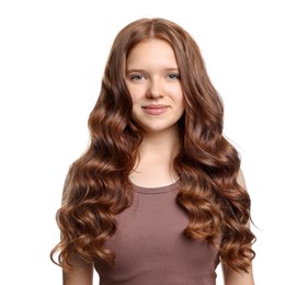 Photo of Portrait of beautiful teenage girl with healthy wavy hair on white background