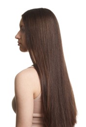 Photo of Teenage girl with healthy long hair on white background