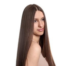 Photo of Portrait of beautiful teenage girl with healthy long hair on white background